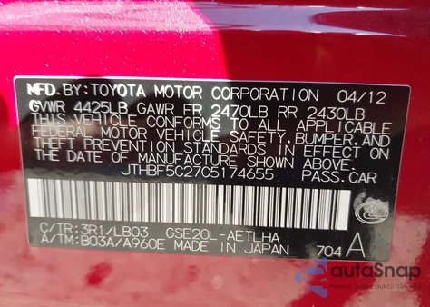 2012 Lexus Is 250 from USA, damaged, VIN JTHBF5C27C5174655